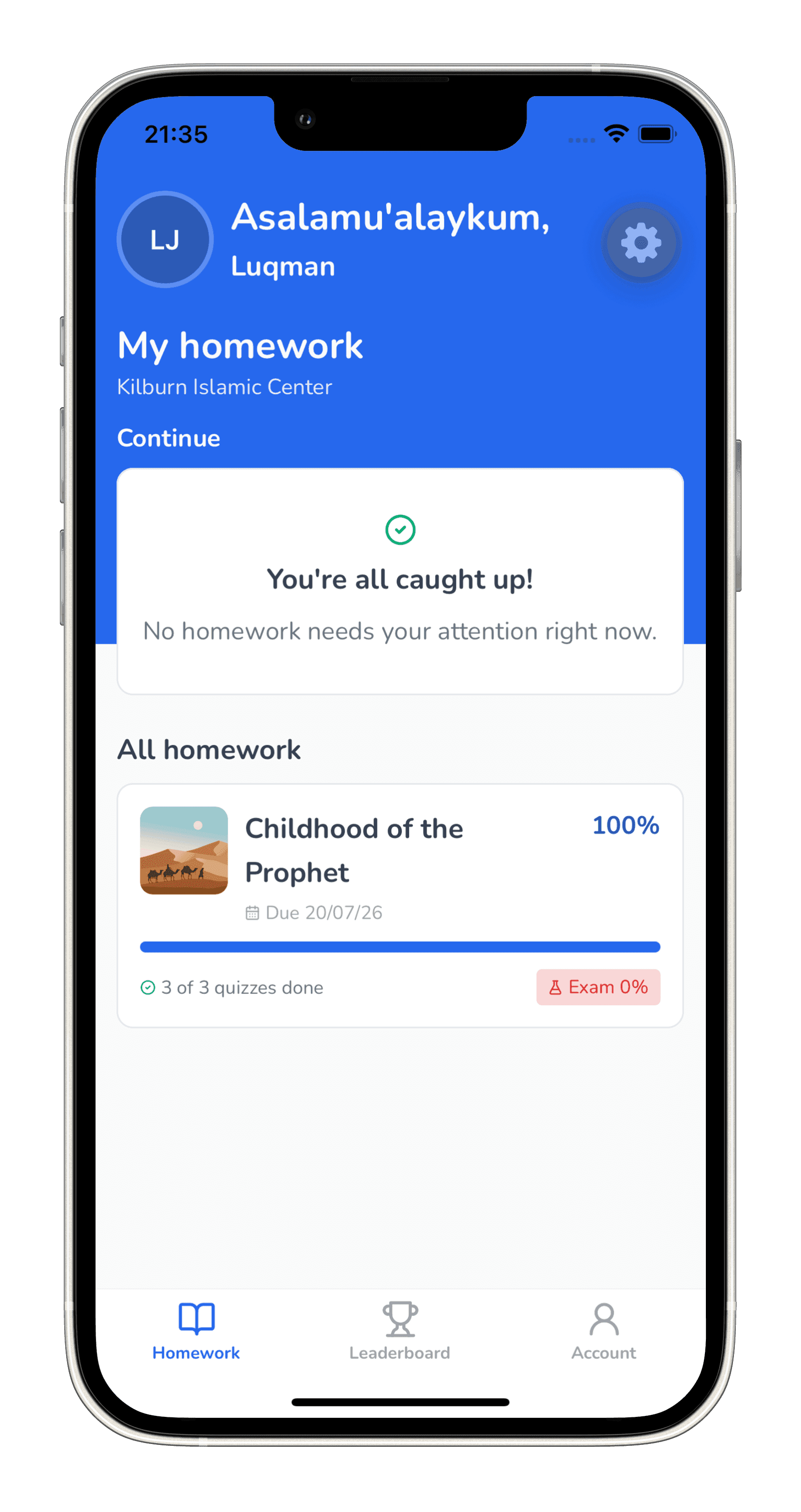 The Bookworm School app showing a student's homework, in the school's own colours