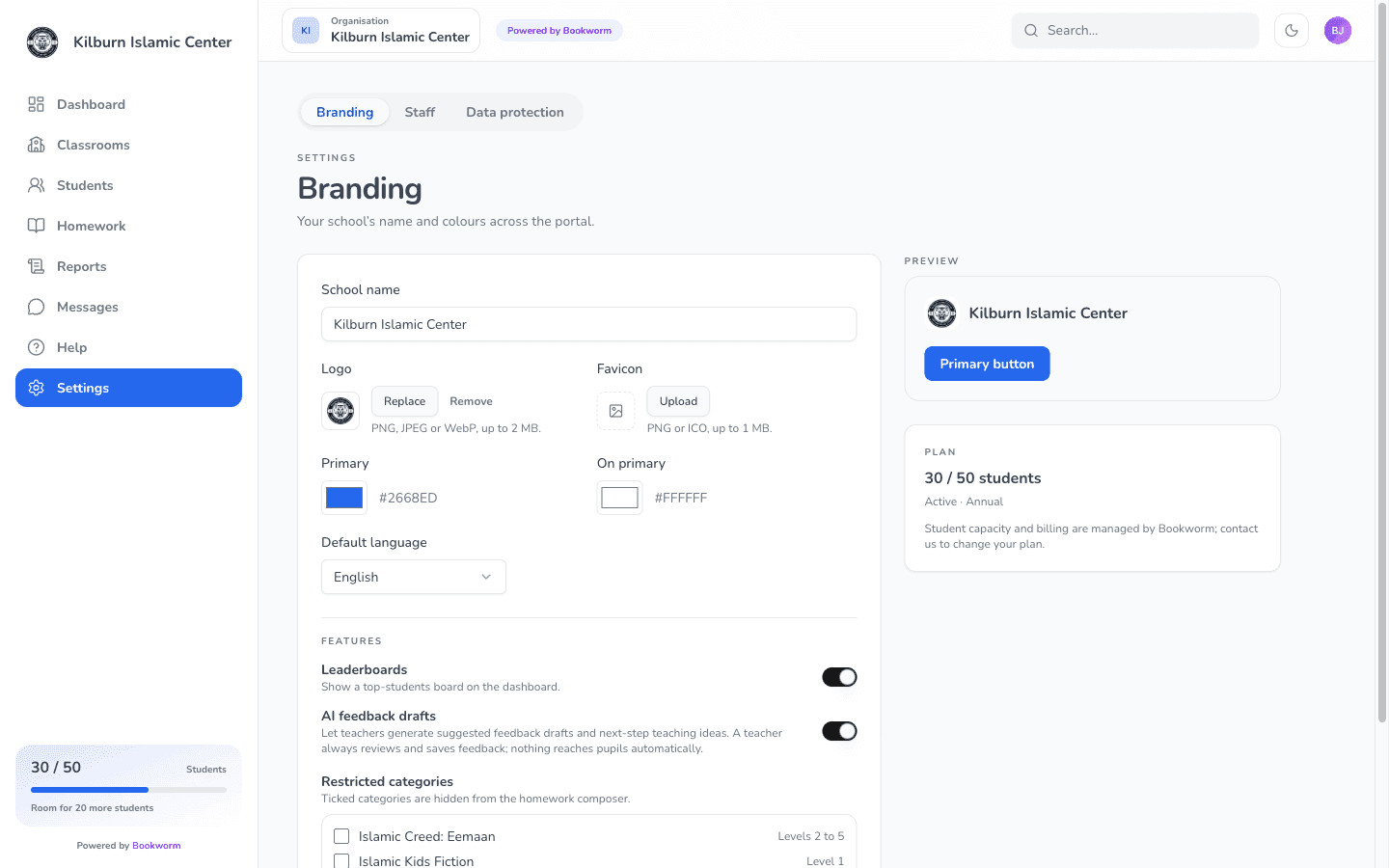 Branding settings in the school portal with logo upload, colours and feature toggles